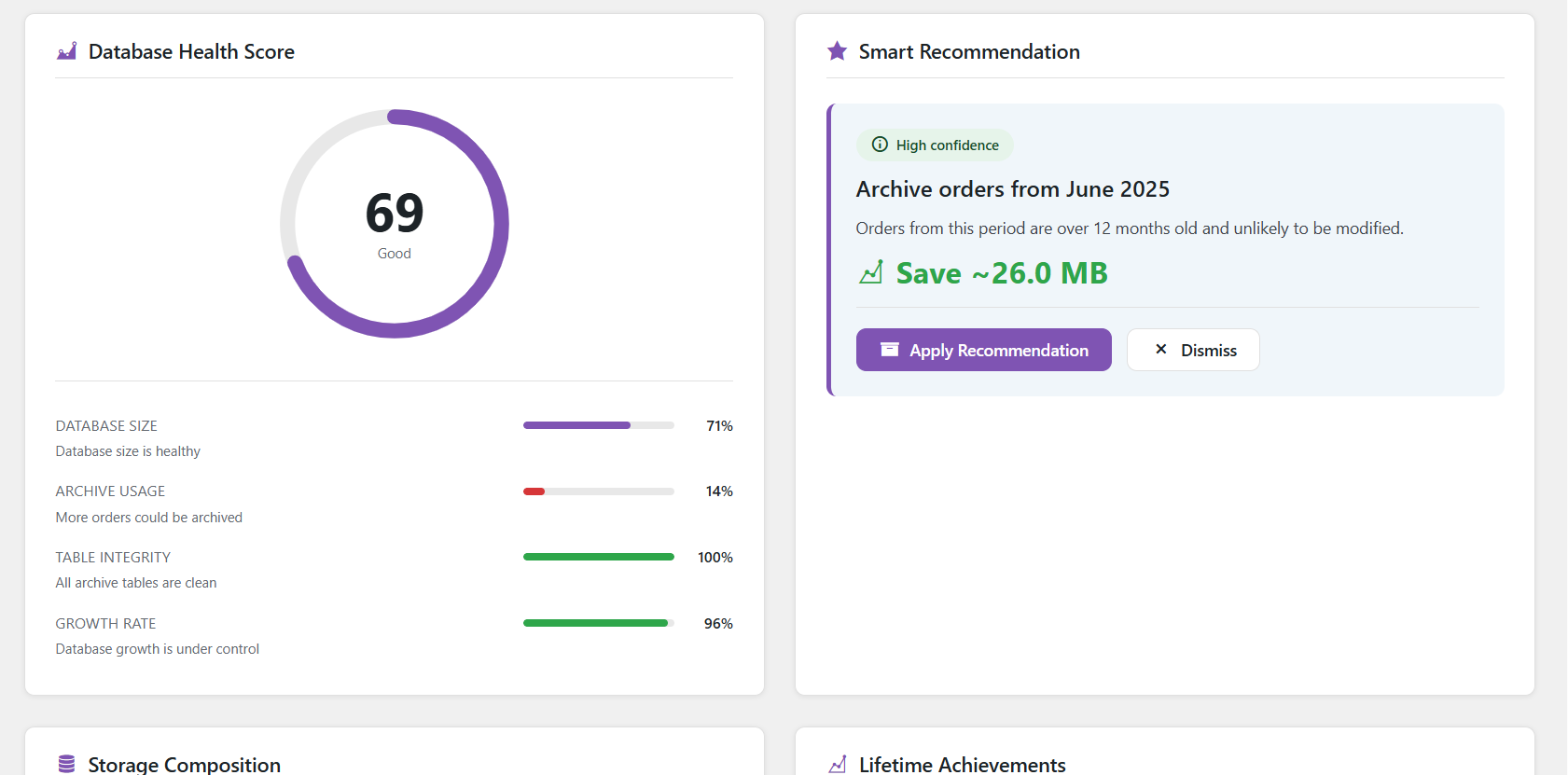 Database health score with smart recommendations