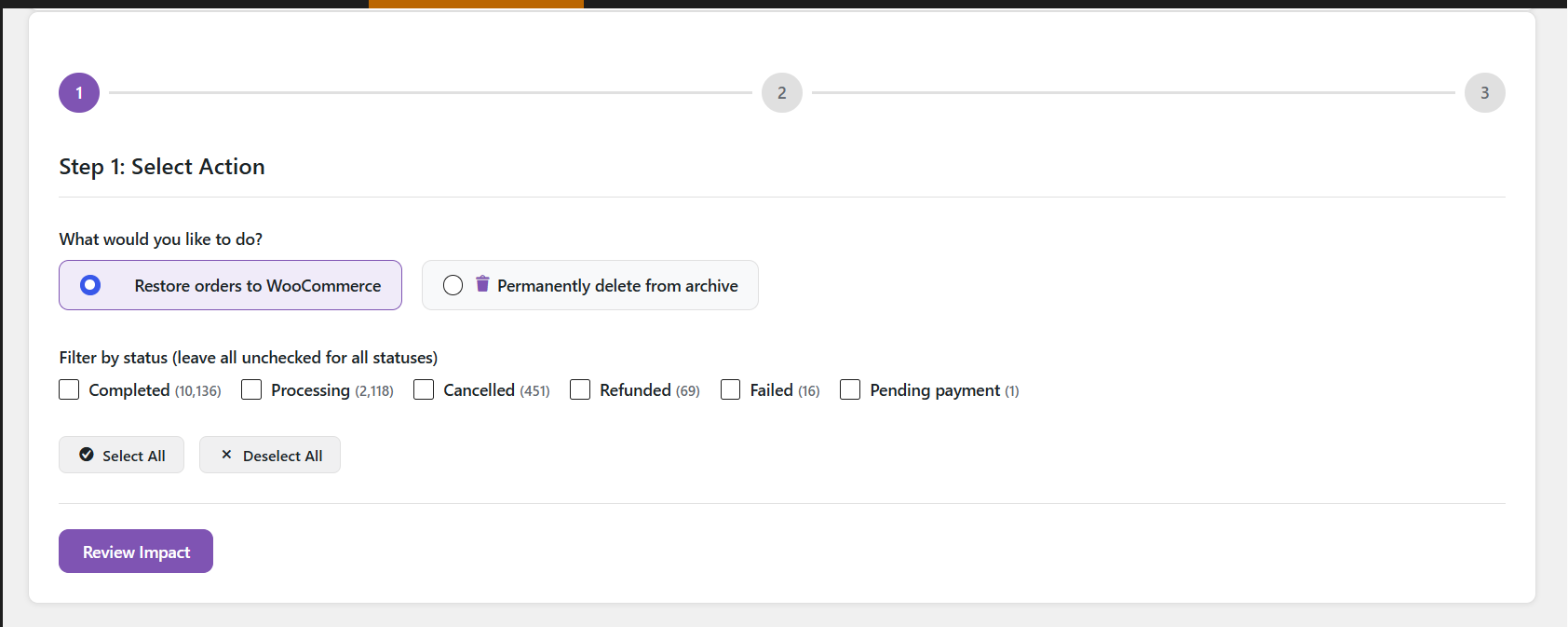 Restore or delete archived orders